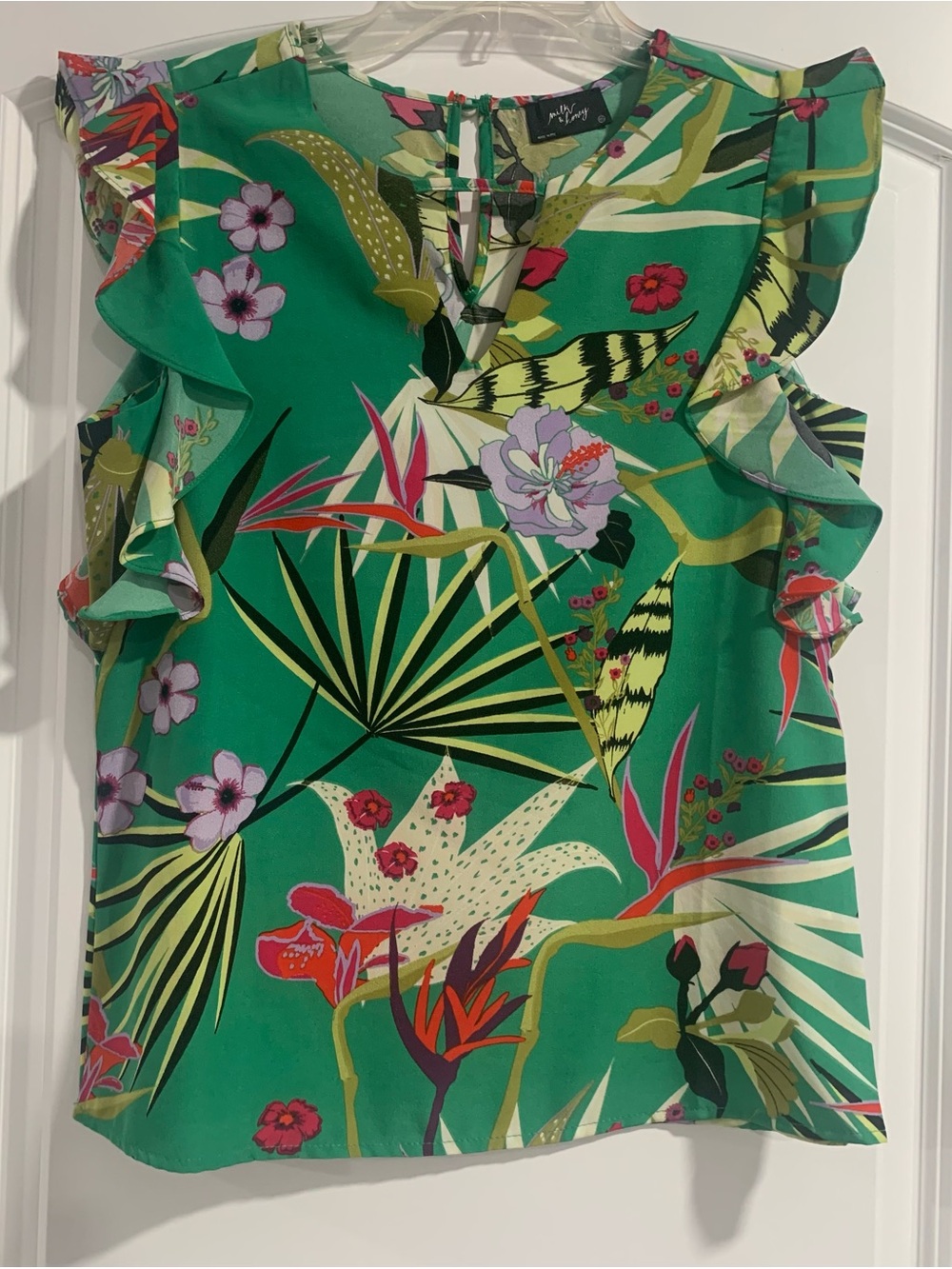 Tropical Green Ruffle-Sleeve Top~ Like New!!